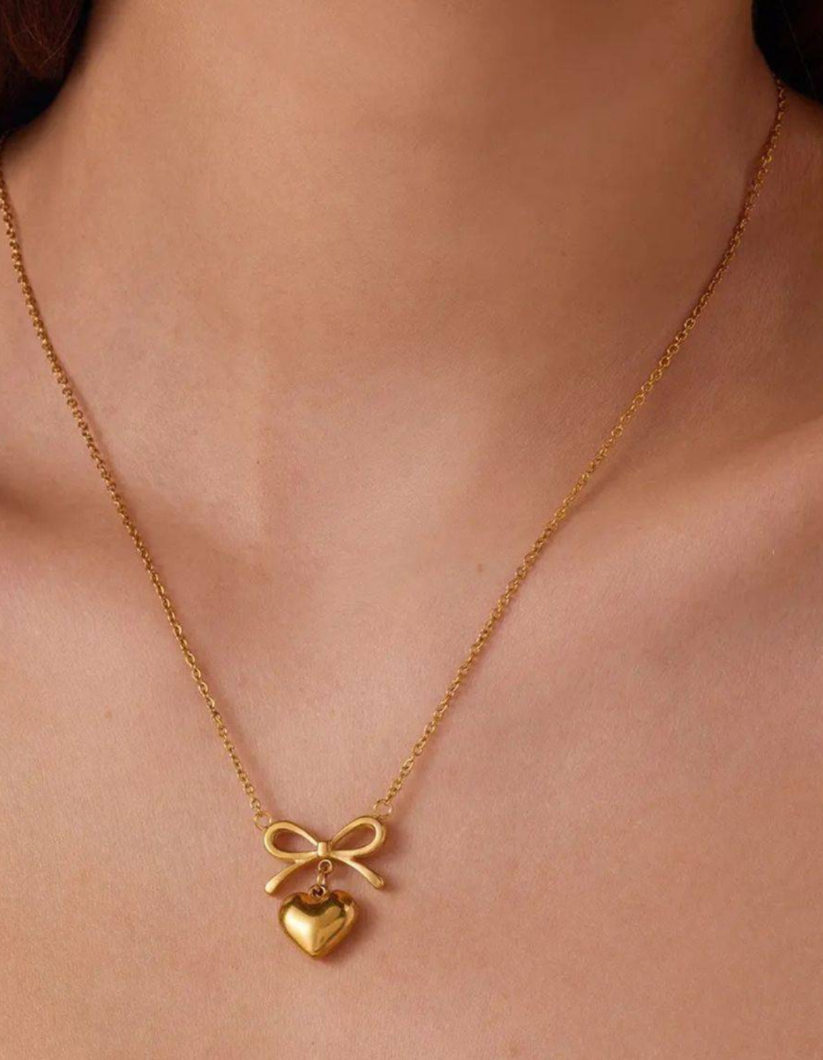 Gold-Toned Bow Heart Pendant with Chain