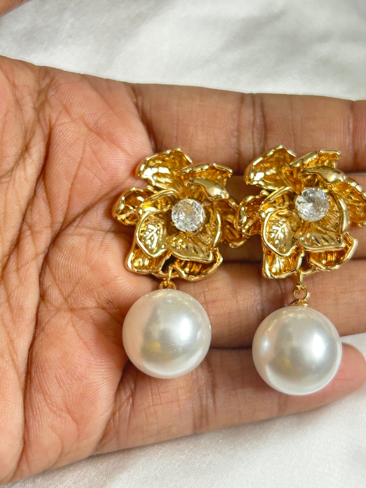Golden Flower Pearl Drop Earrings