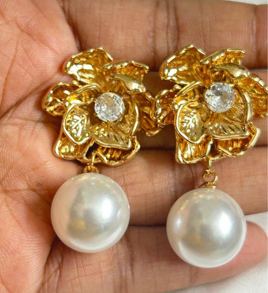 Golden Flower Pearl Drop Earrings