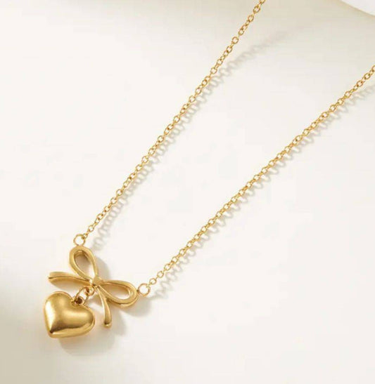 Gold-Toned Bow Heart Pendant with Chain