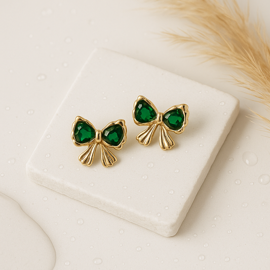 Golden Bow with Emerald Earrings